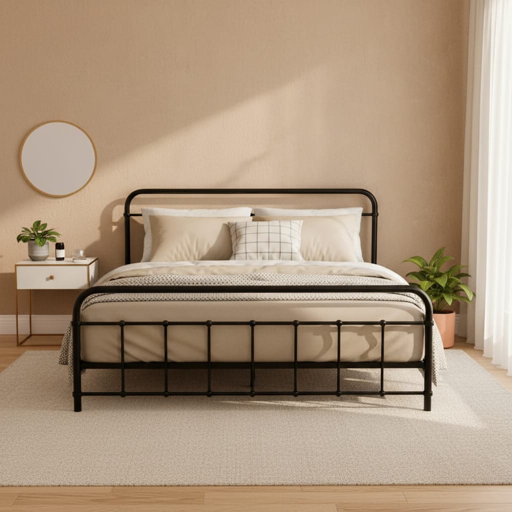 Beds & Bed Frames - Queen Bed Frame Metal Black with Under-Bed Storage