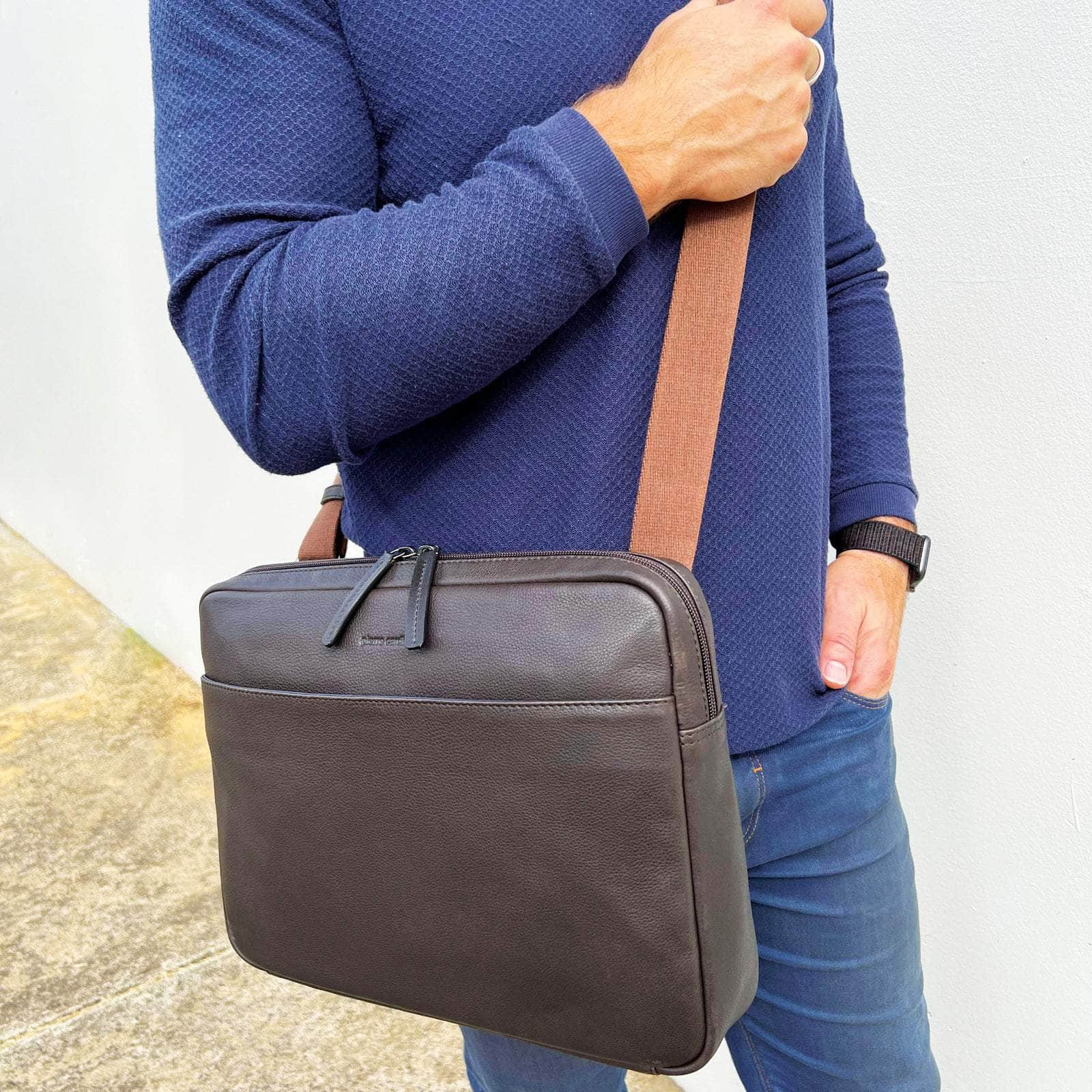 Mens Leather 13" Laptop Computer Bag - Brown/Navy