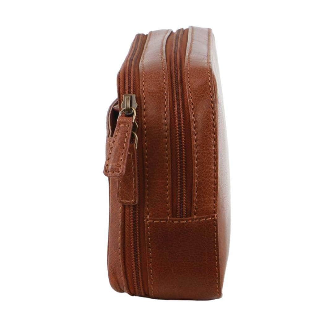 Mens Leather Toiletry Bag Travel Organizer Wash Case - Tan