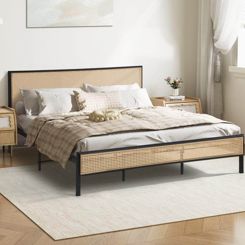 Metal Bed Frame All Sizes with Rattan Board
