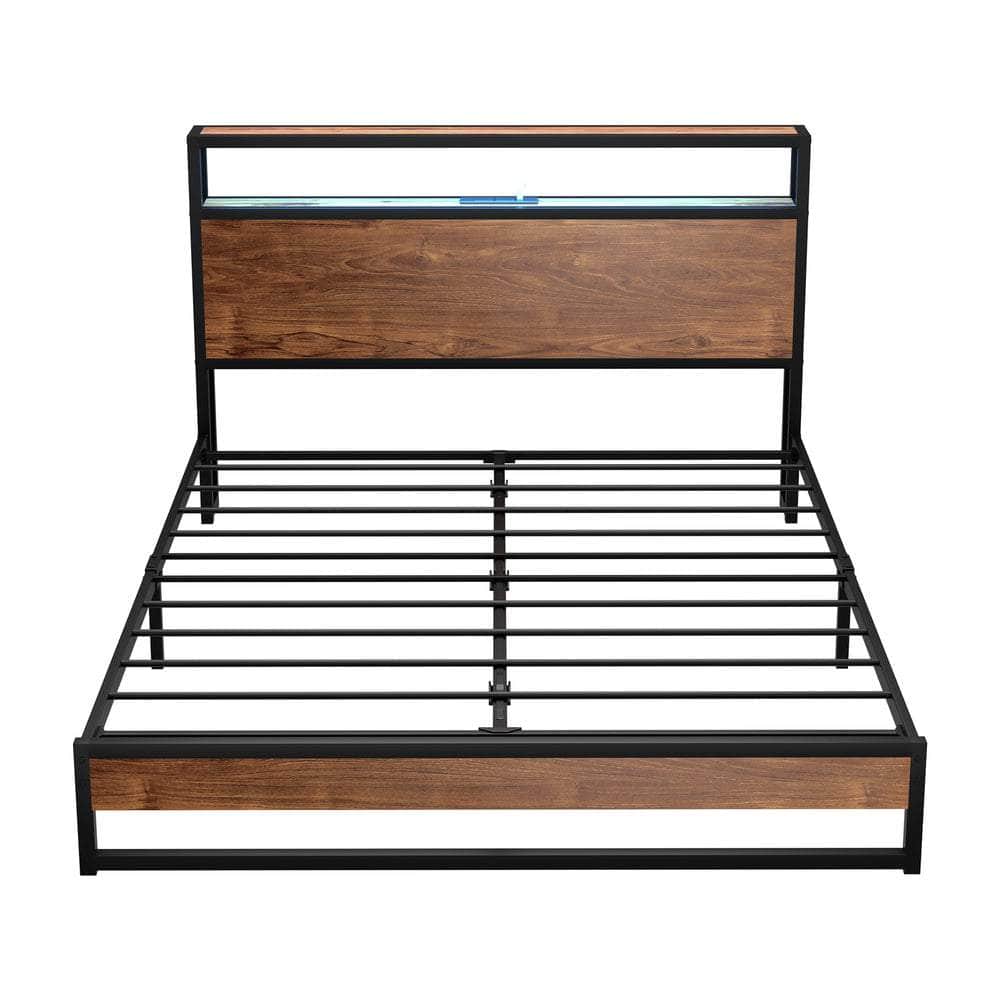 Metal Bed Frame Double King Queen Size LED Storage Headboard USB Charge