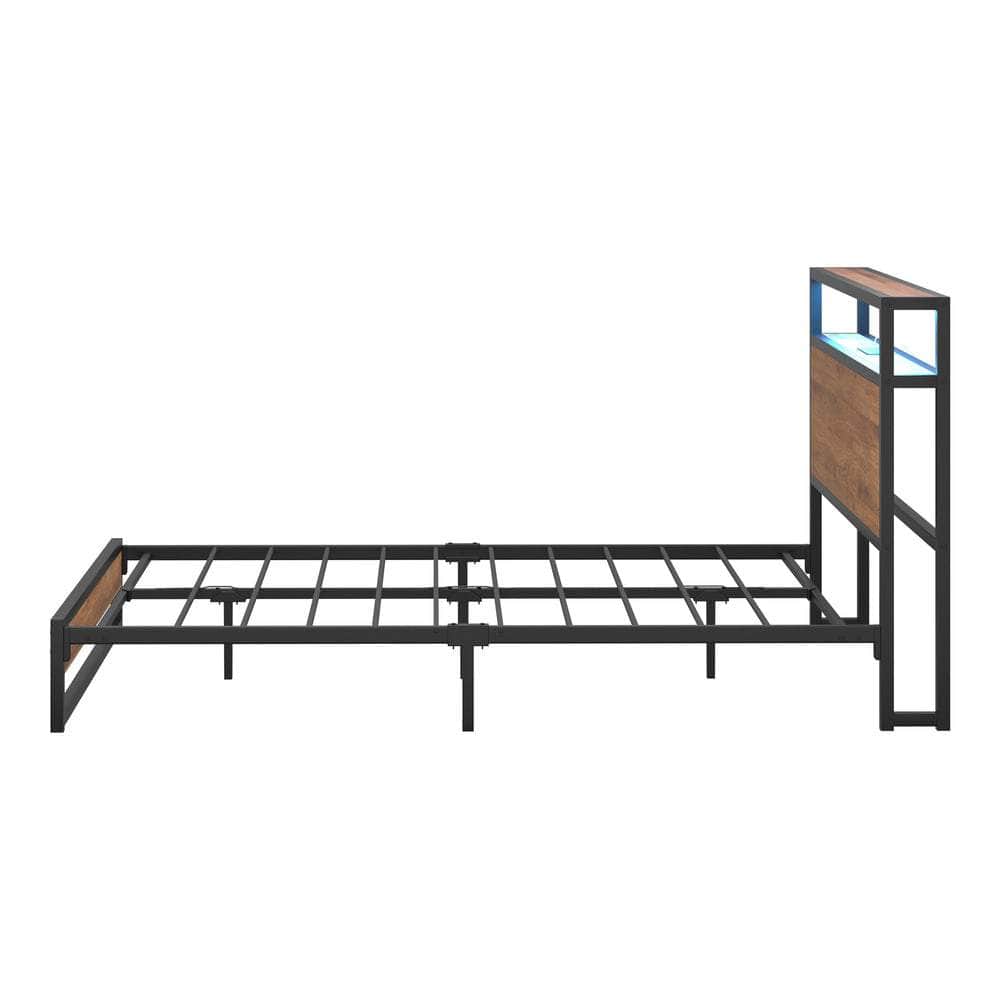 Metal Bed Frame Double King Queen Size LED Storage Headboard USB Charge
