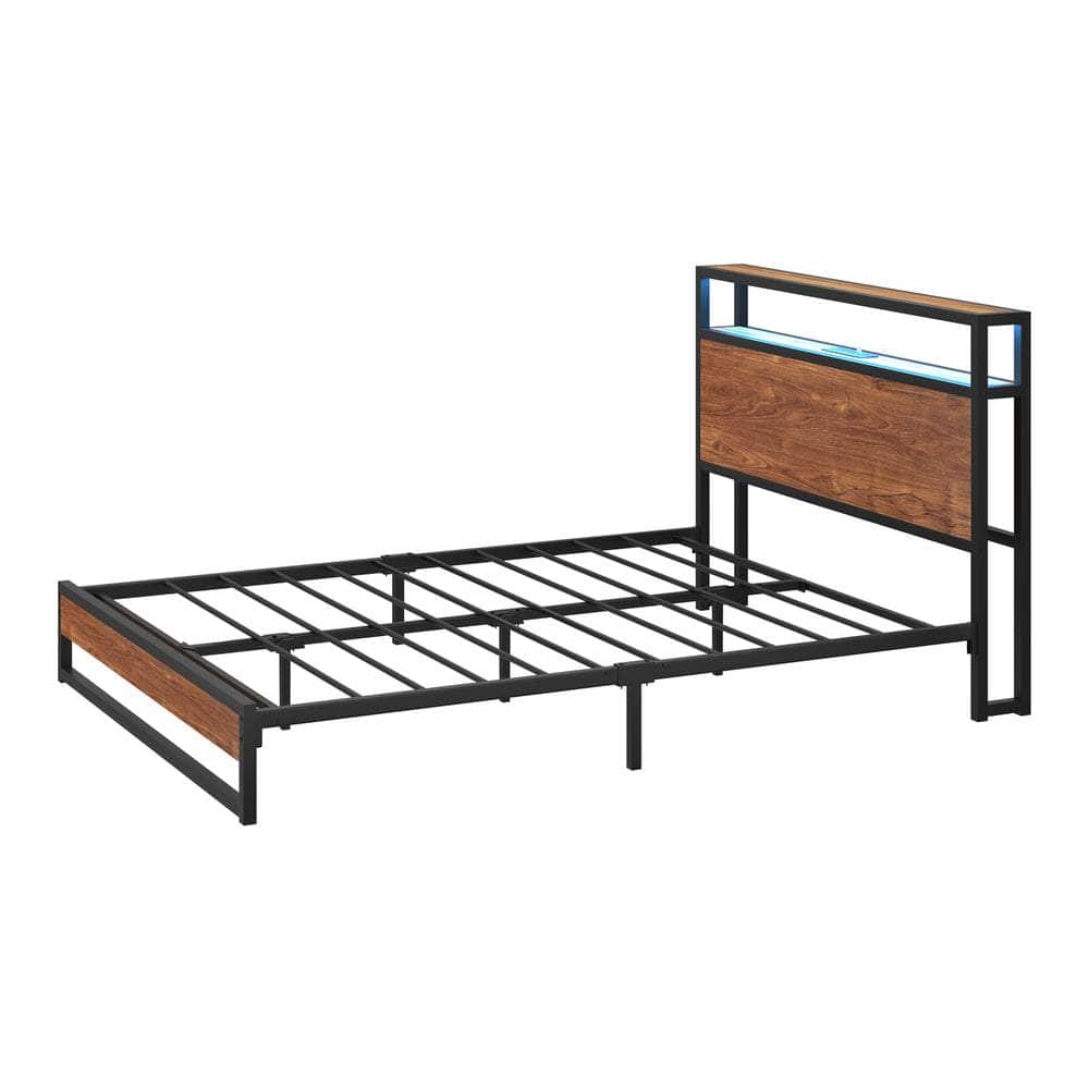 Metal Bed Frame Double King Queen Size LED Storage Headboard USB Charge