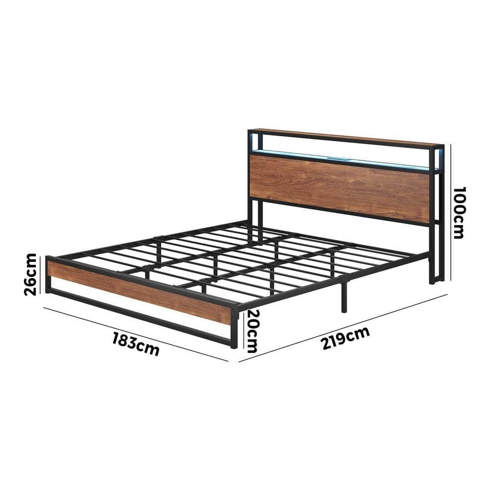Metal Bed Frame Double King Queen Size LED Storage Headboard USB Charge