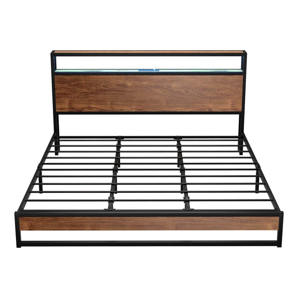 Metal Bed Frame Double King Queen Size LED Storage Headboard USB Charge