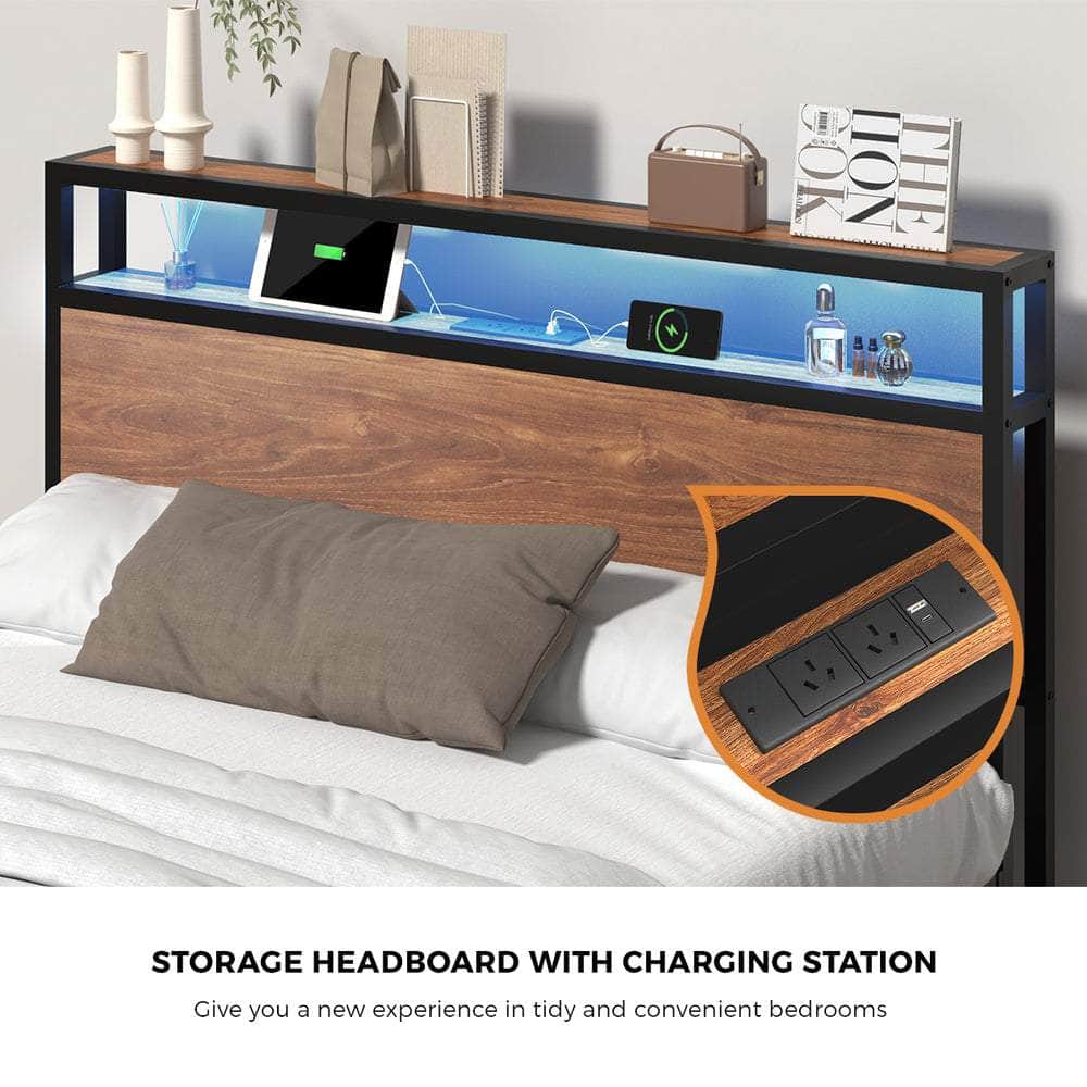 Metal Bed Frame Double King Queen Size LED Storage Headboard USB Charge
