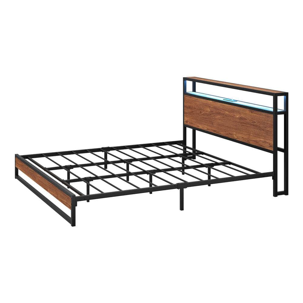 Metal Bed Frame Double King Queen Size LED Storage Headboard USB Charge