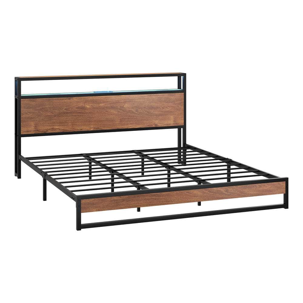 Metal Bed Frame Double King Queen Size LED Storage Headboard USB Charge