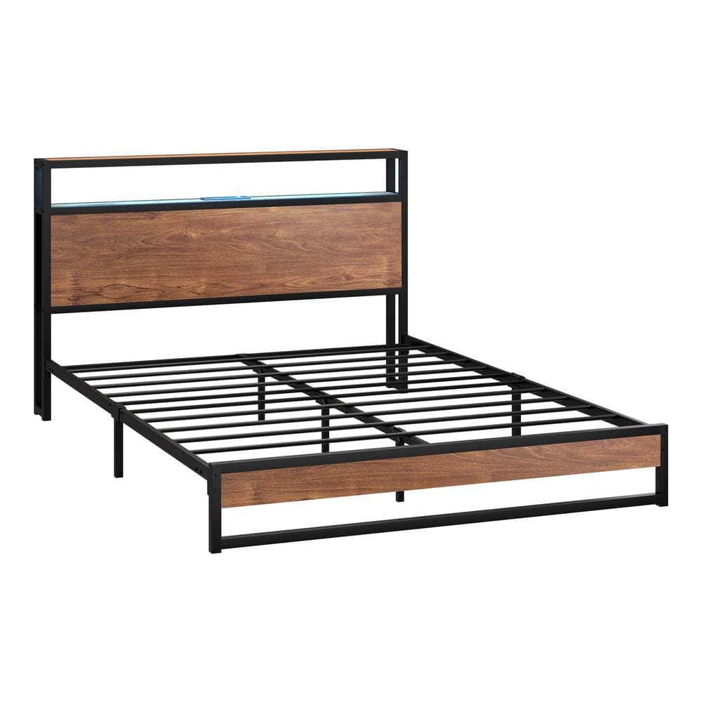 Metal Bed Frame Double King Queen Size LED Storage Headboard USB Charge