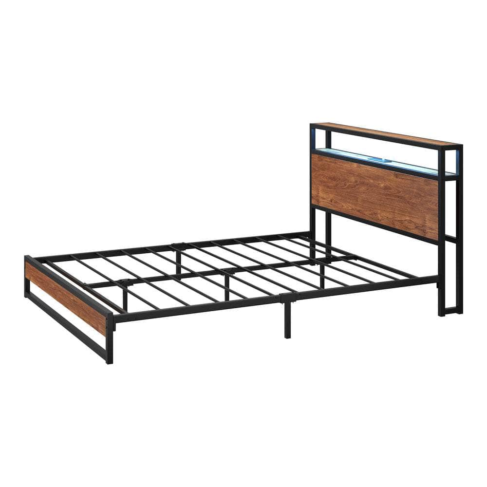 Metal Bed Frame Double King Queen Size LED Storage Headboard USB Charge