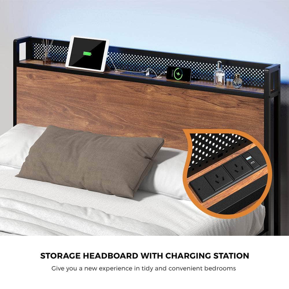 Metal Bed Frame Double & King Size with LED Headboard, USB Charging & Storage Drawers
