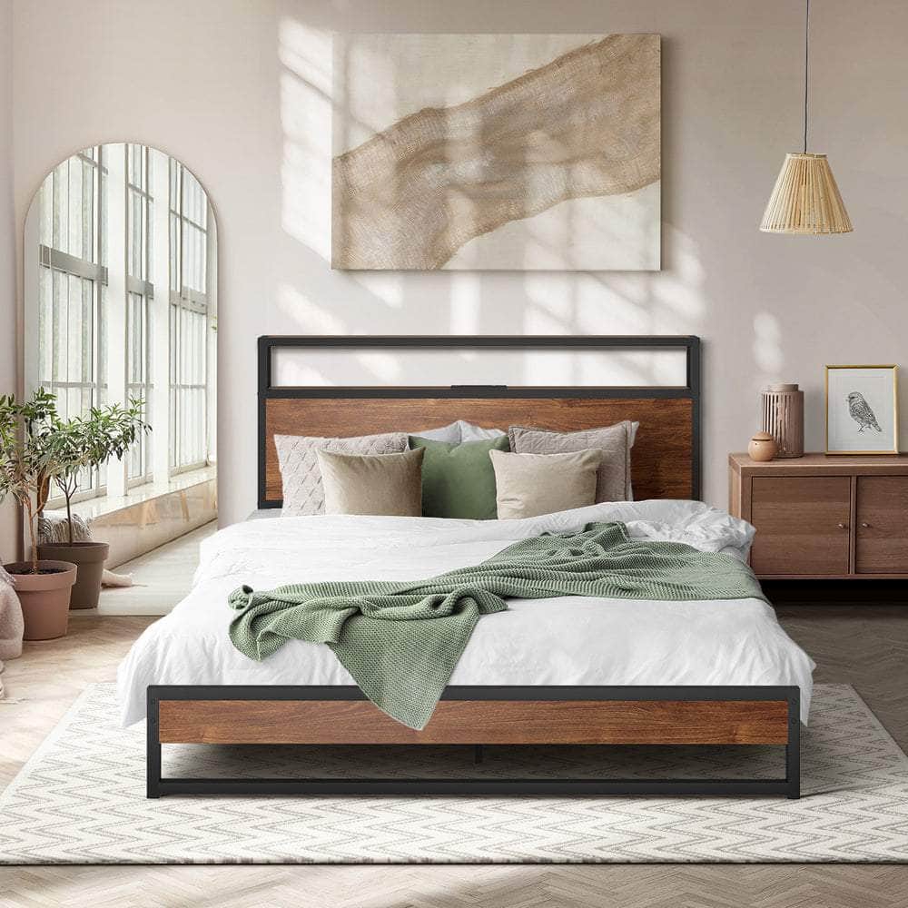 Metal Bed Frame Double Size LED Storage Headboard USB Charge