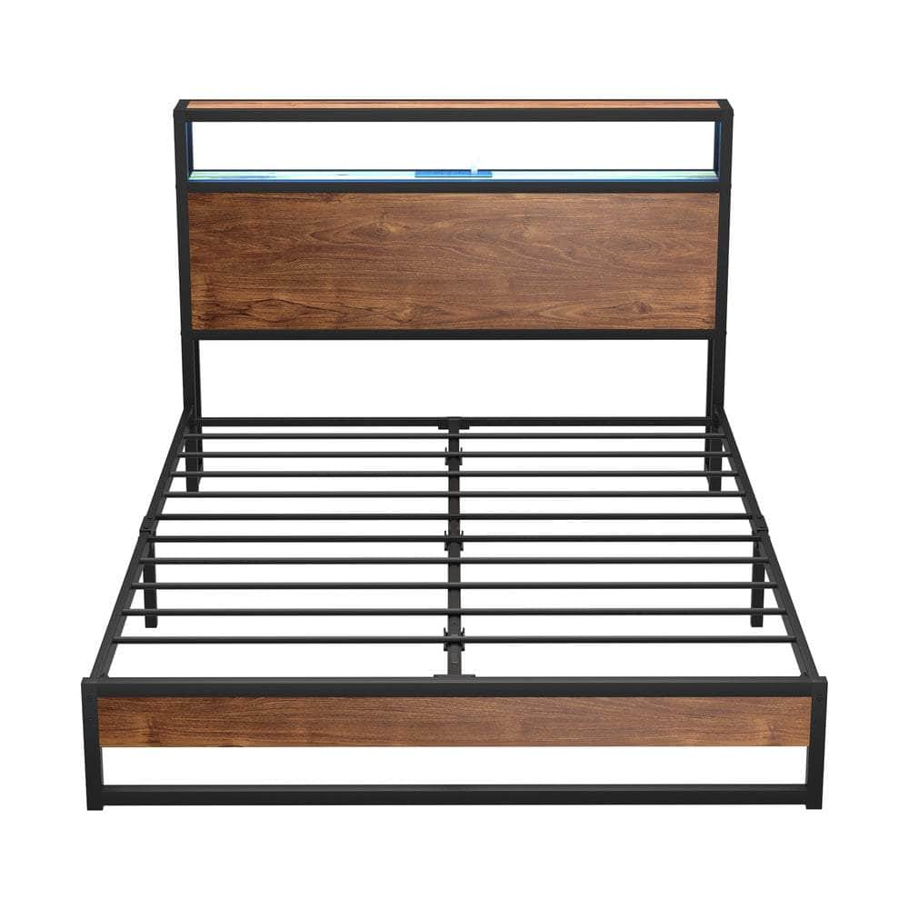 Metal Bed Frame Double Size LED Storage Headboard USB Charge