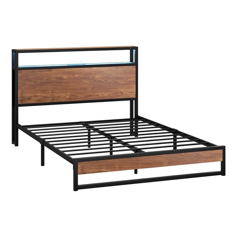 Metal Bed Frame Double Size LED Storage Headboard USB Charge