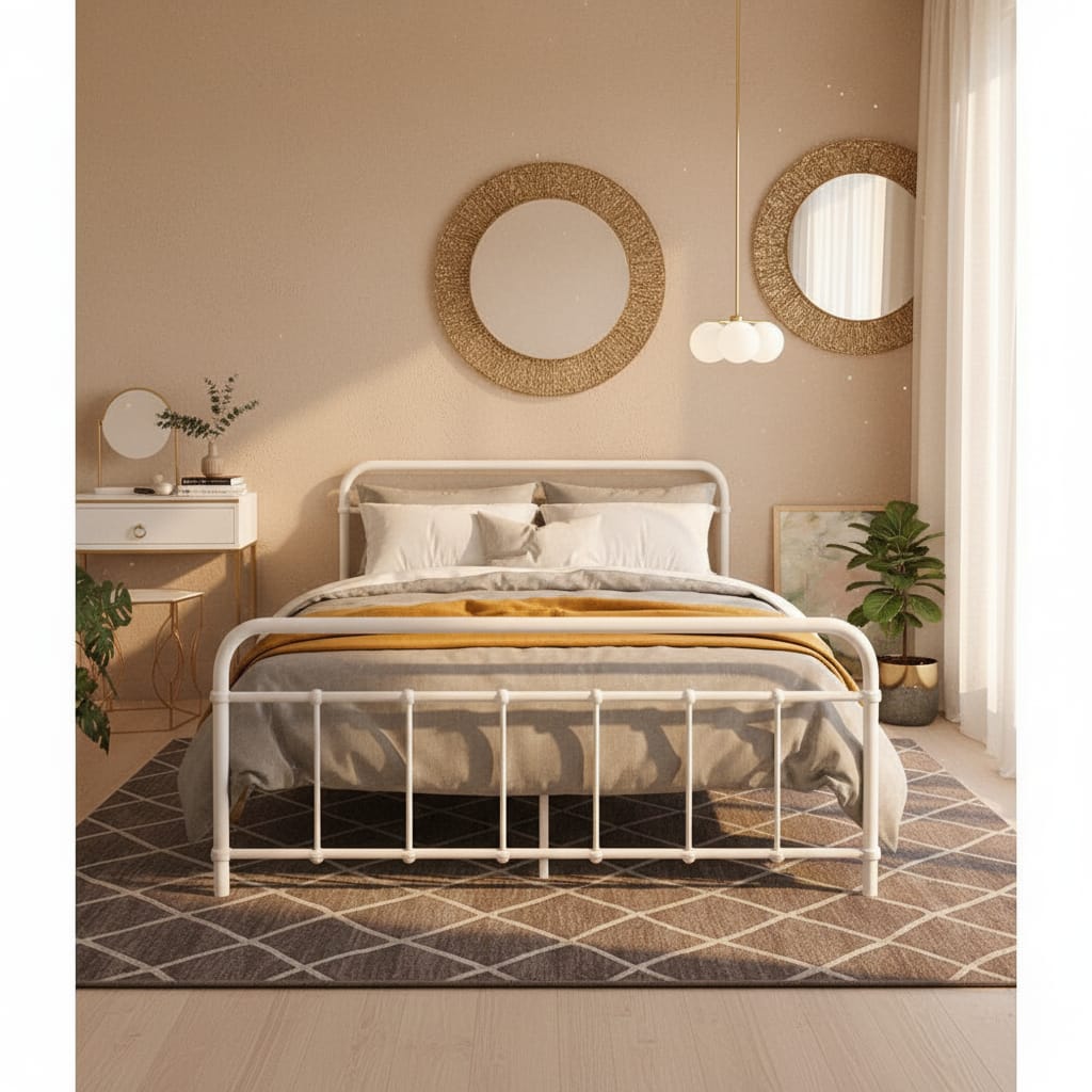 Size Mbed Leo - Double Bed Frame Metal White Country-Style with Storage
