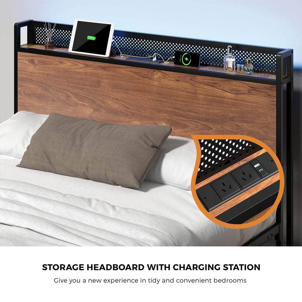 Metal Bed Frame Double Size with LED Headboard, 2 Storage Drawers & USB