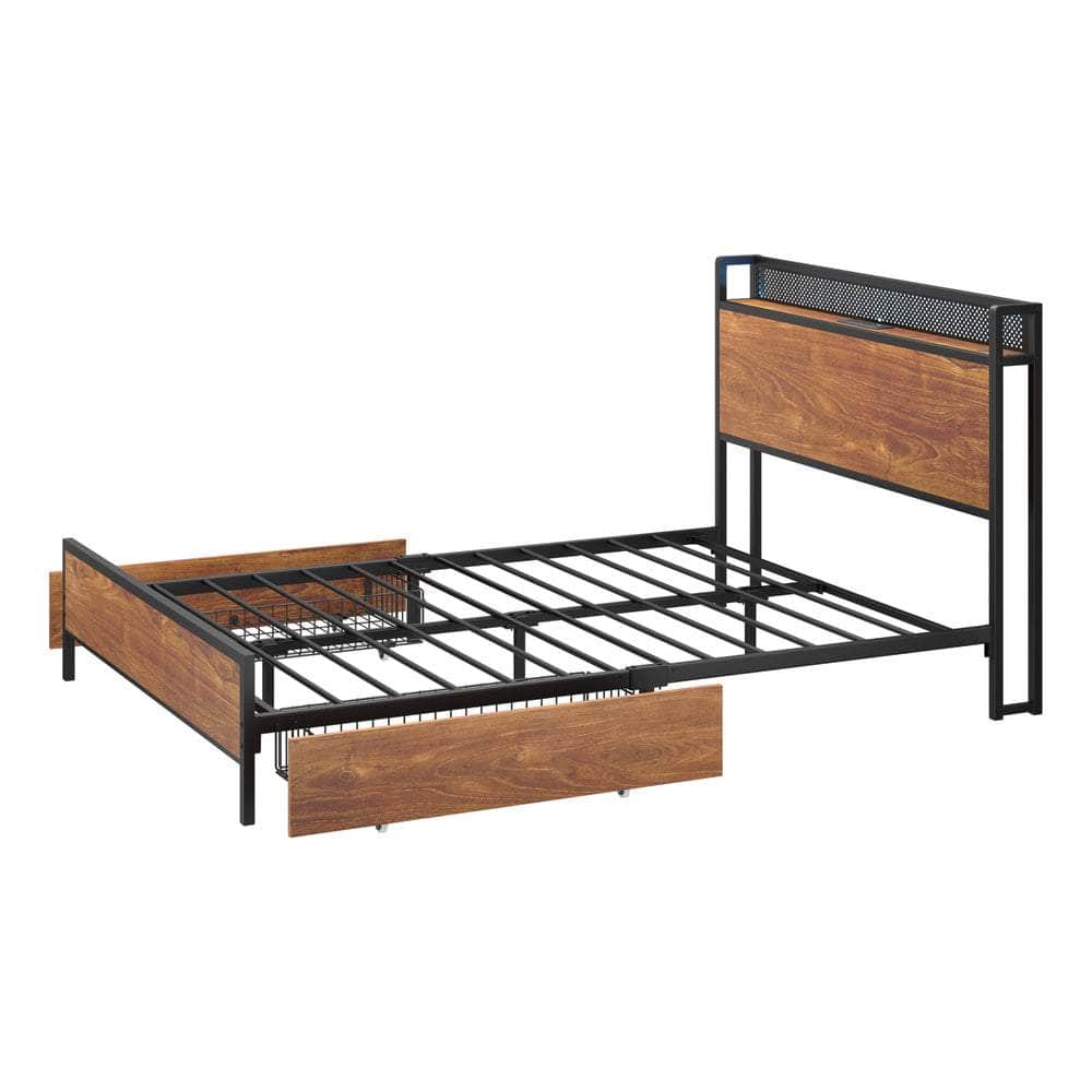Metal Bed Frame Double Size with LED Headboard, 2 Storage Drawers & USB