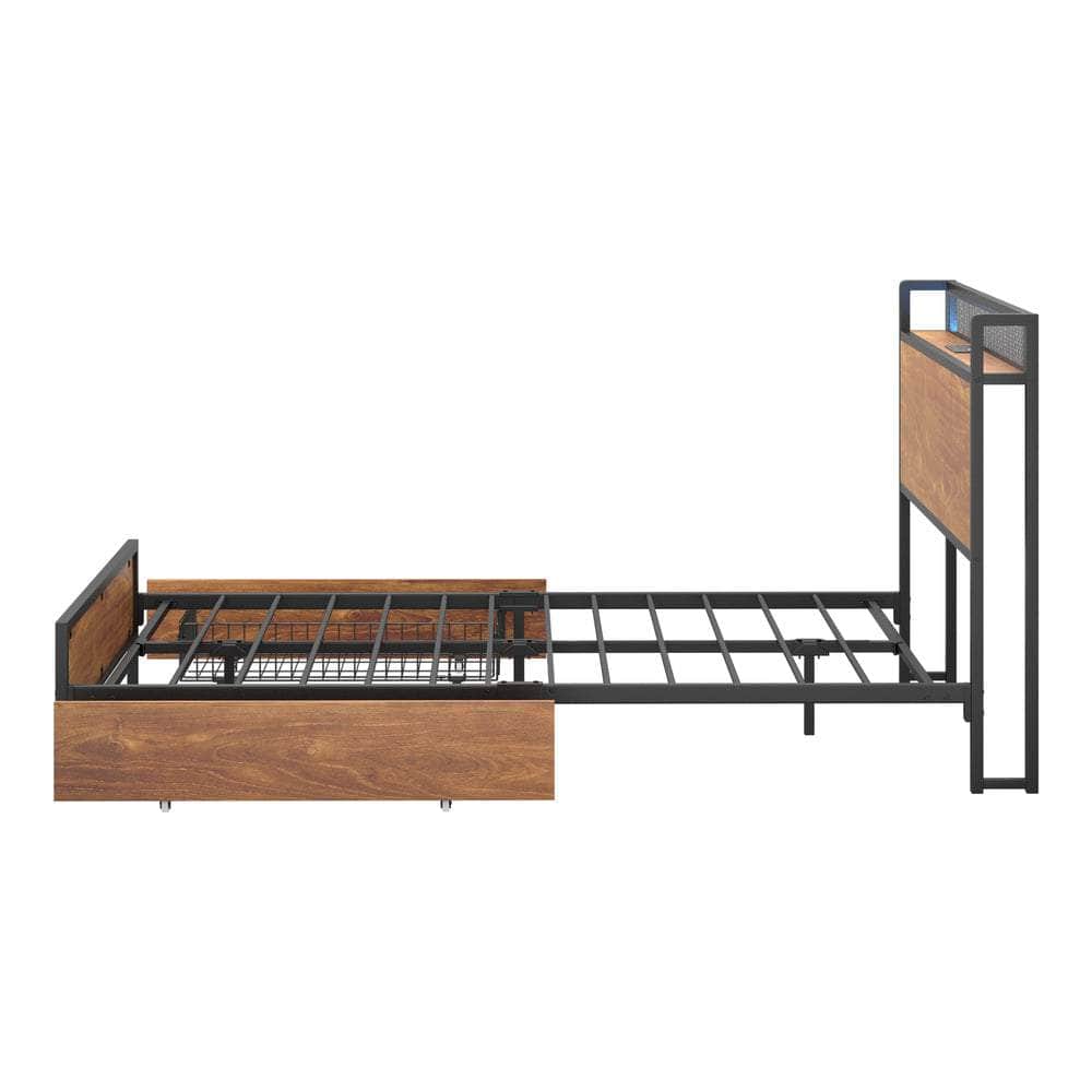 Metal Bed Frame Double Size with LED Headboard, 2 Storage Drawers & USB