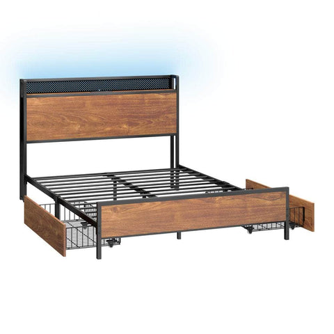 Metal Bed Frame Double Size with LED Headboard, 2 Storage Drawers & USB