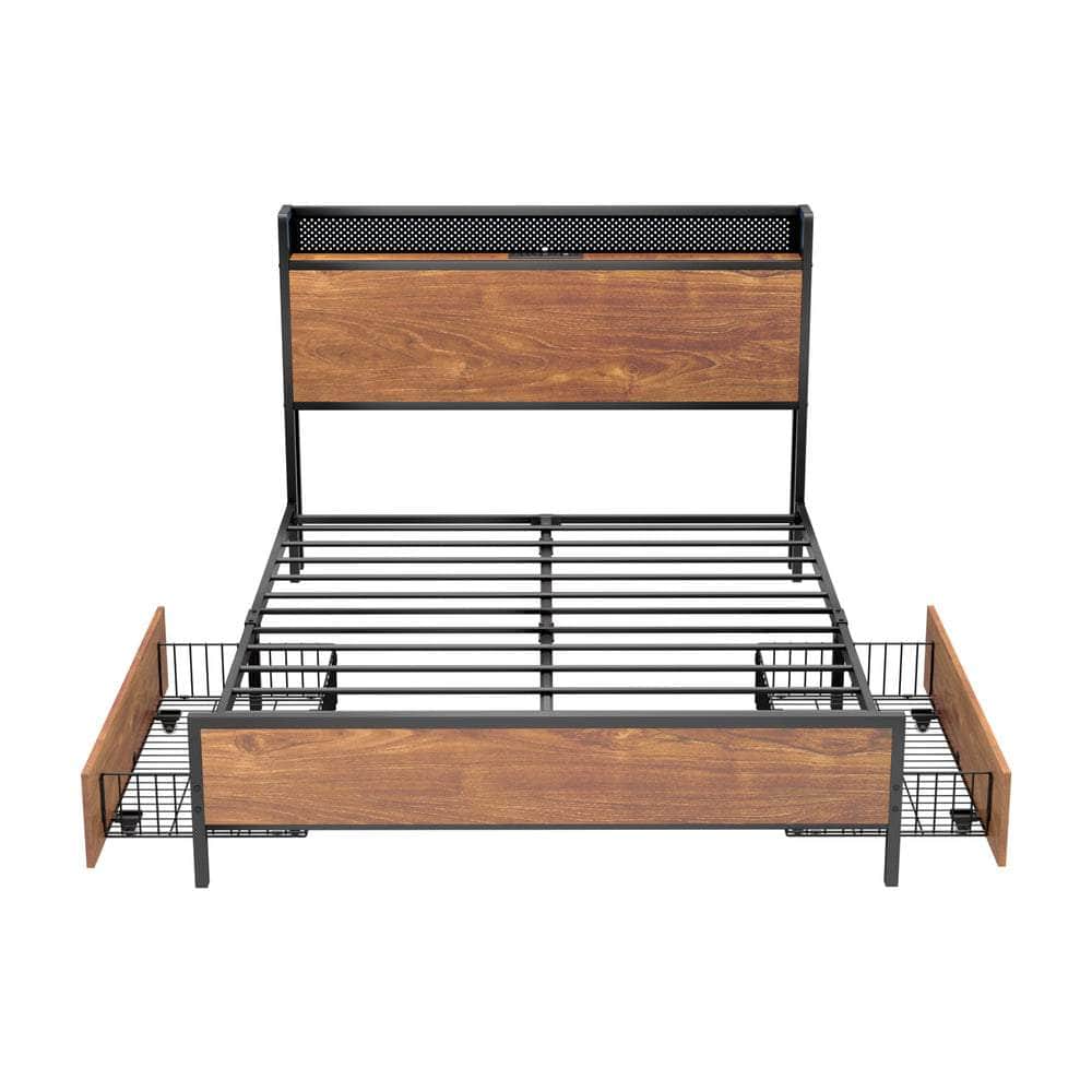Metal Bed Frame Double Size with LED Headboard, 2 Storage Drawers & USB