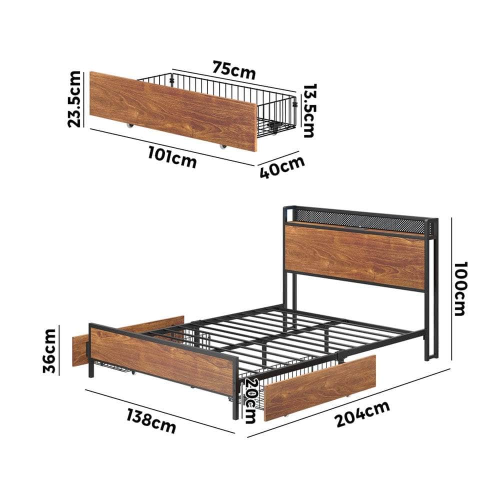 Metal Bed Frame Double Size with LED Headboard, 2 Storage Drawers & USB