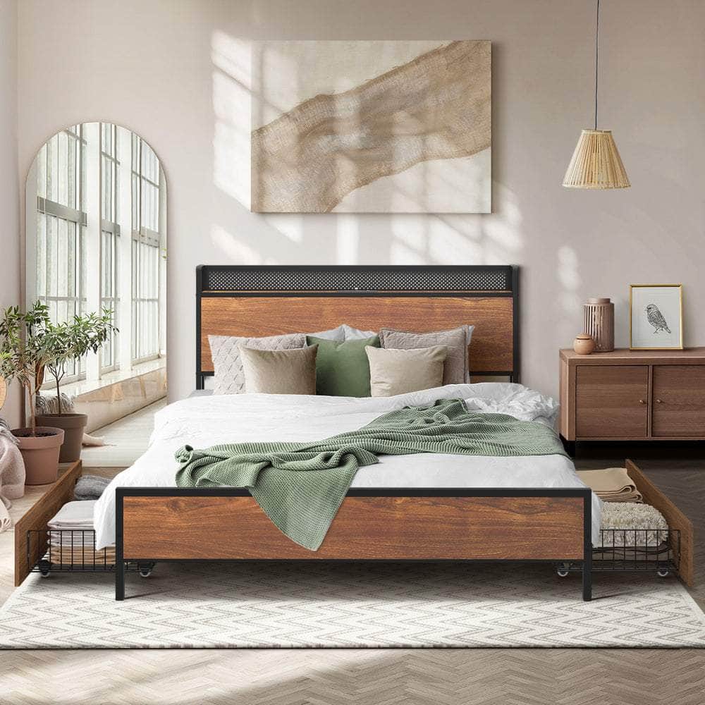 Metal Bed Frame Double Size with LED Headboard, 2 Storage Drawers & USB