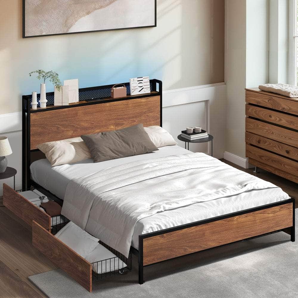 Metal Bed Frame Double Size with LED Headboard, 2 Storage Drawers & USB