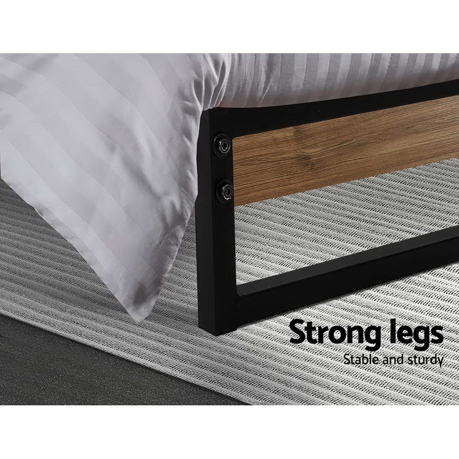 King Single Bed Frame Industrial Metal & Wood Black Powder-Coated, Black colour