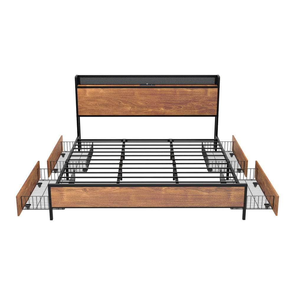 Metal Bed Frame King Size with LED Headboard, 4 Storage Drawers & USB Ports