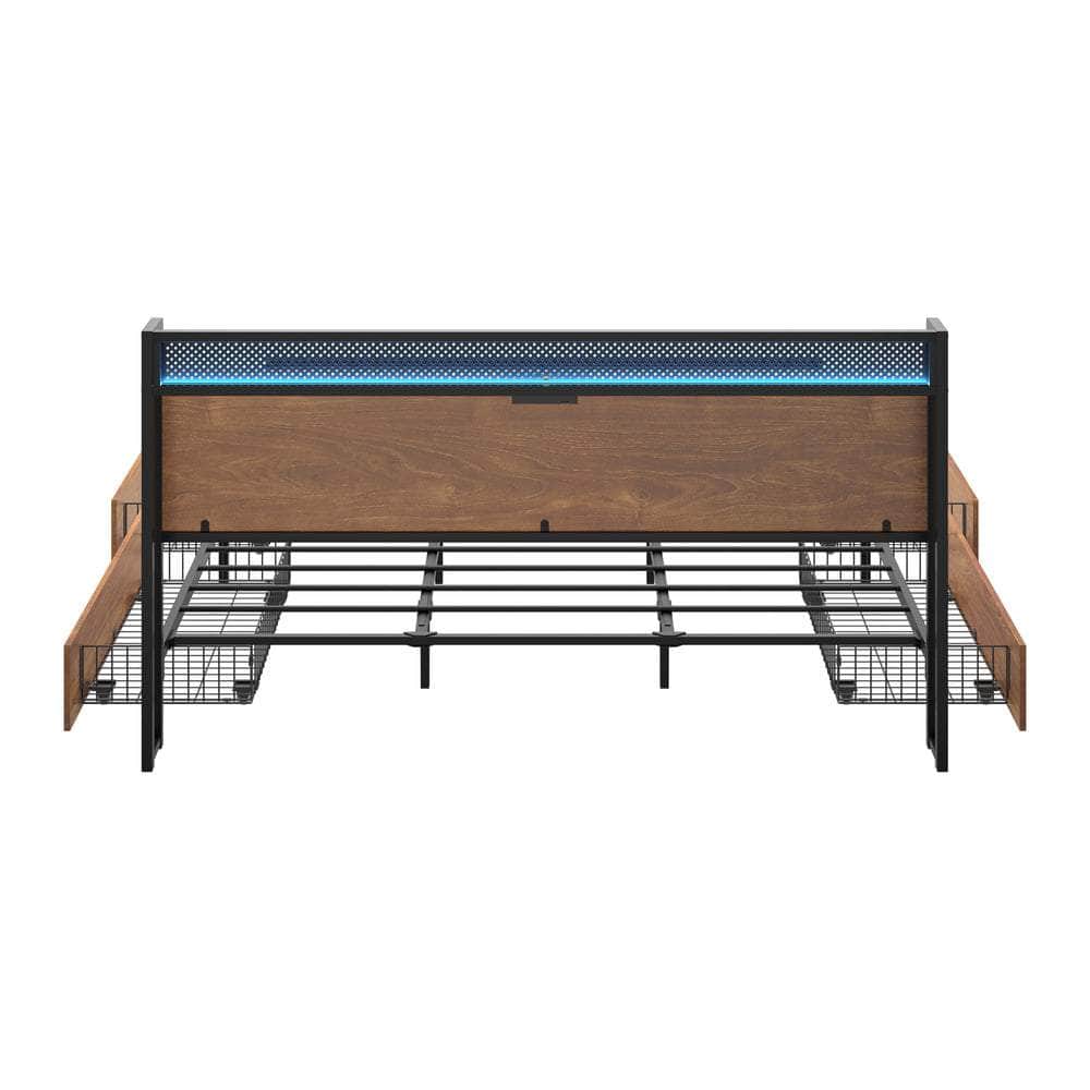 Metal Bed Frame King Size with LED Headboard, 4 Storage Drawers & USB Ports