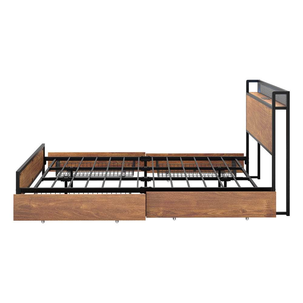 Metal Bed Frame King Size with LED Headboard, 4 Storage Drawers & USB Ports