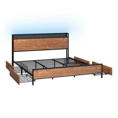 Metal Bed Frame King Size with LED Headboard, 4 Storage Drawers & USB Ports