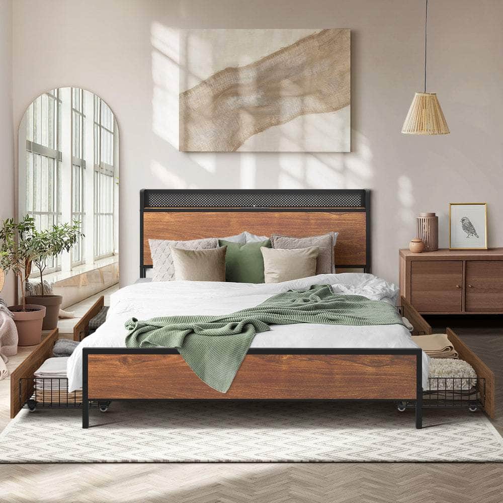Metal Bed Frame King Size with LED Headboard, 4 Storage Drawers & USB Ports