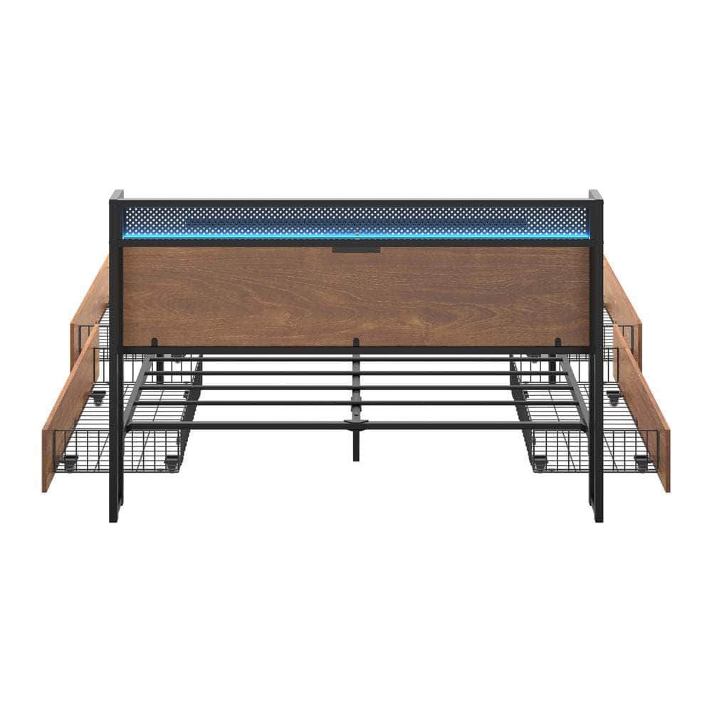 Metal Bed Frame Queen Size LED Headboard 4 Storage Drawers USB