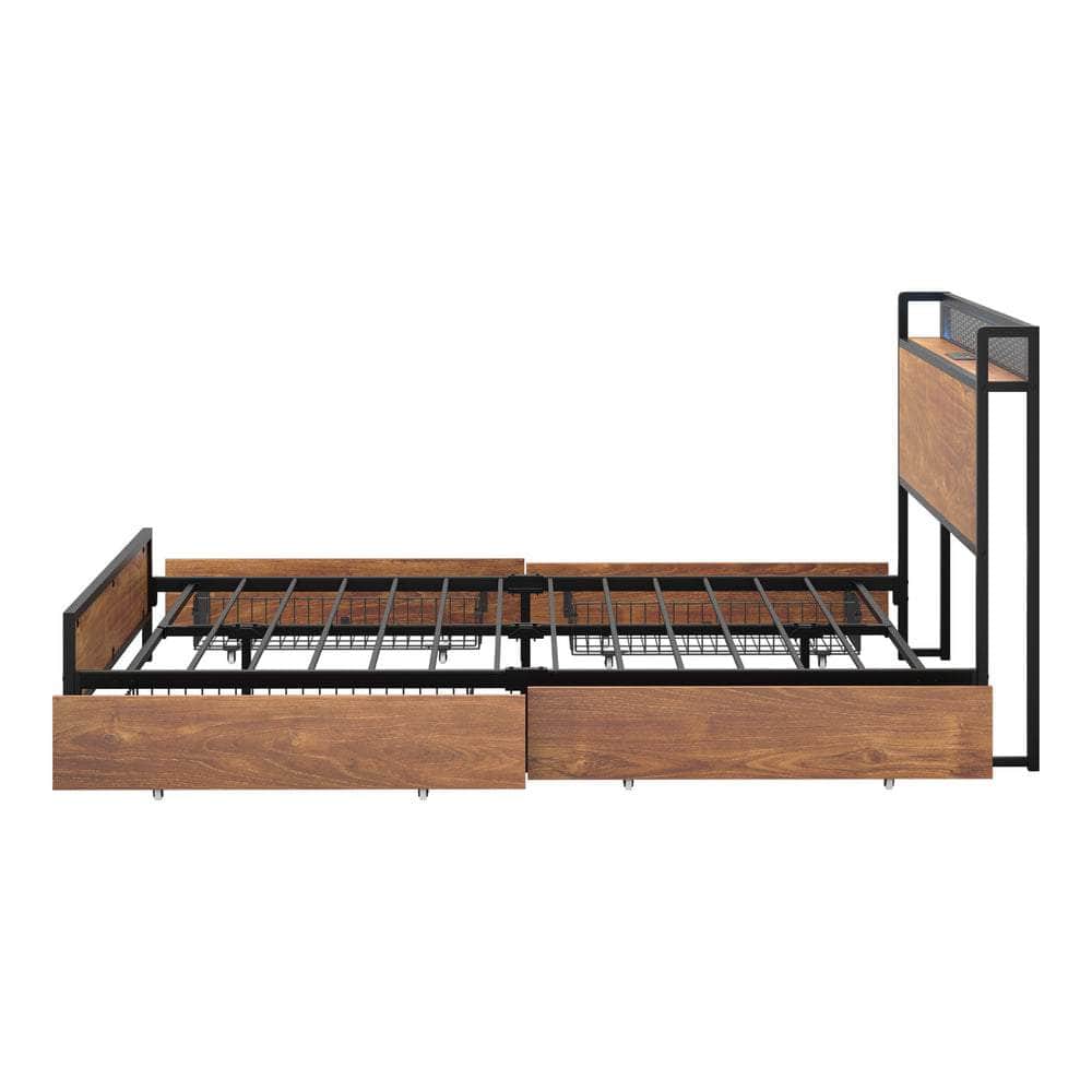 Metal Bed Frame Queen Size LED Headboard 4 Storage Drawers USB