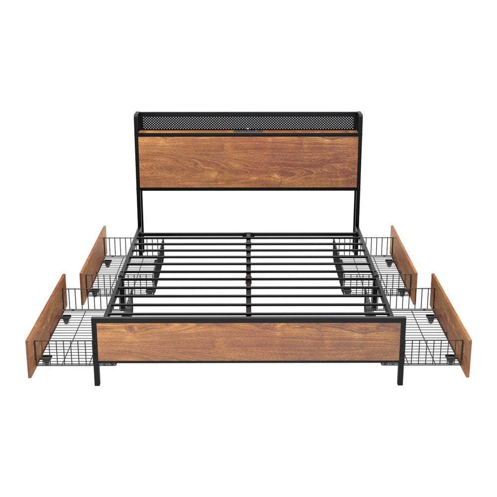 Metal Bed Frame Queen Size LED Headboard 4 Storage Drawers USB