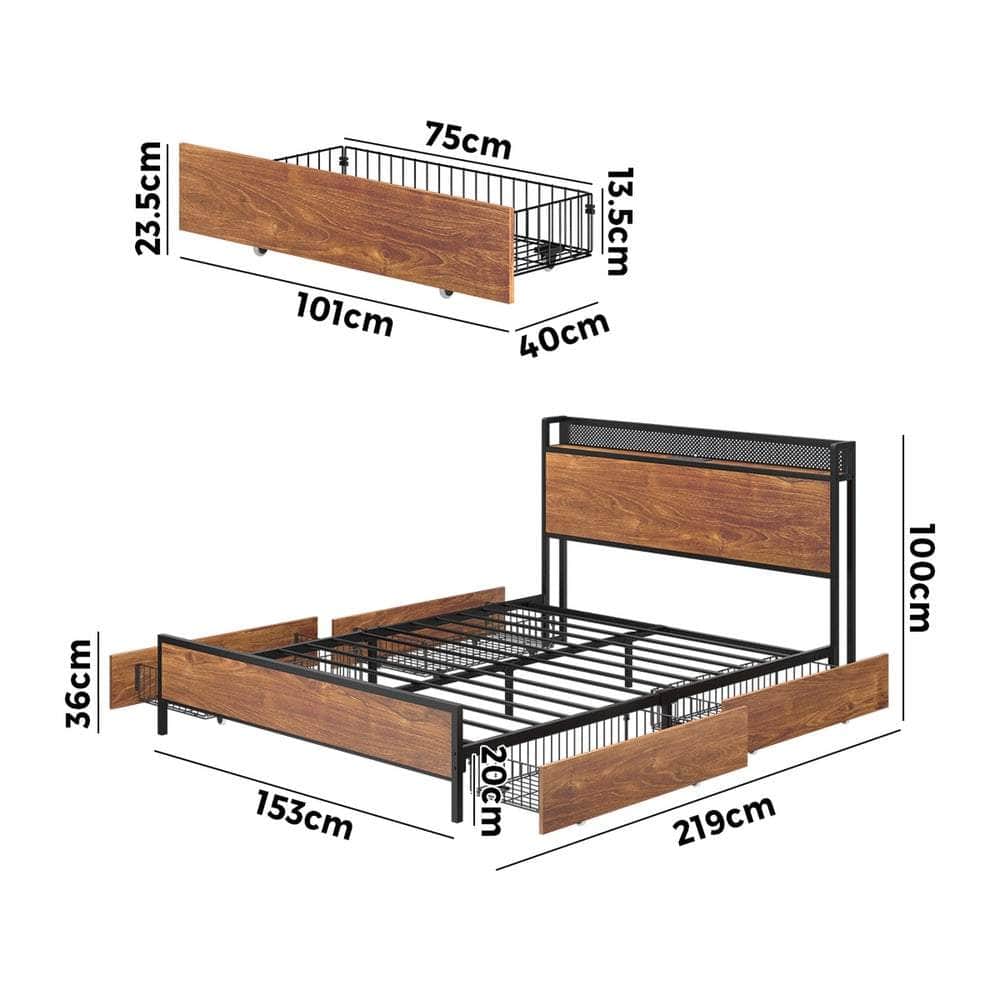 Metal Bed Frame Queen Size LED Headboard 4 Storage Drawers USB