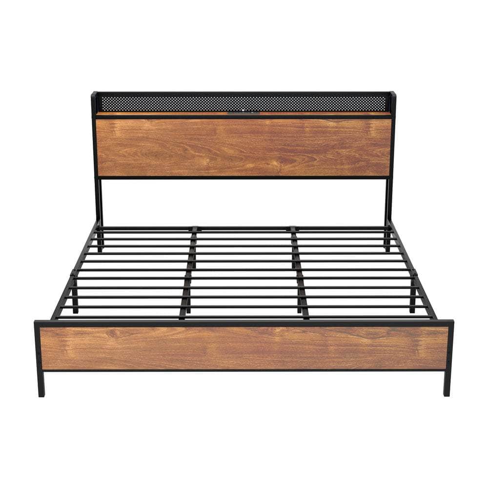Metal Bed Frame Queen Size LED USB Charge Storage Headboard