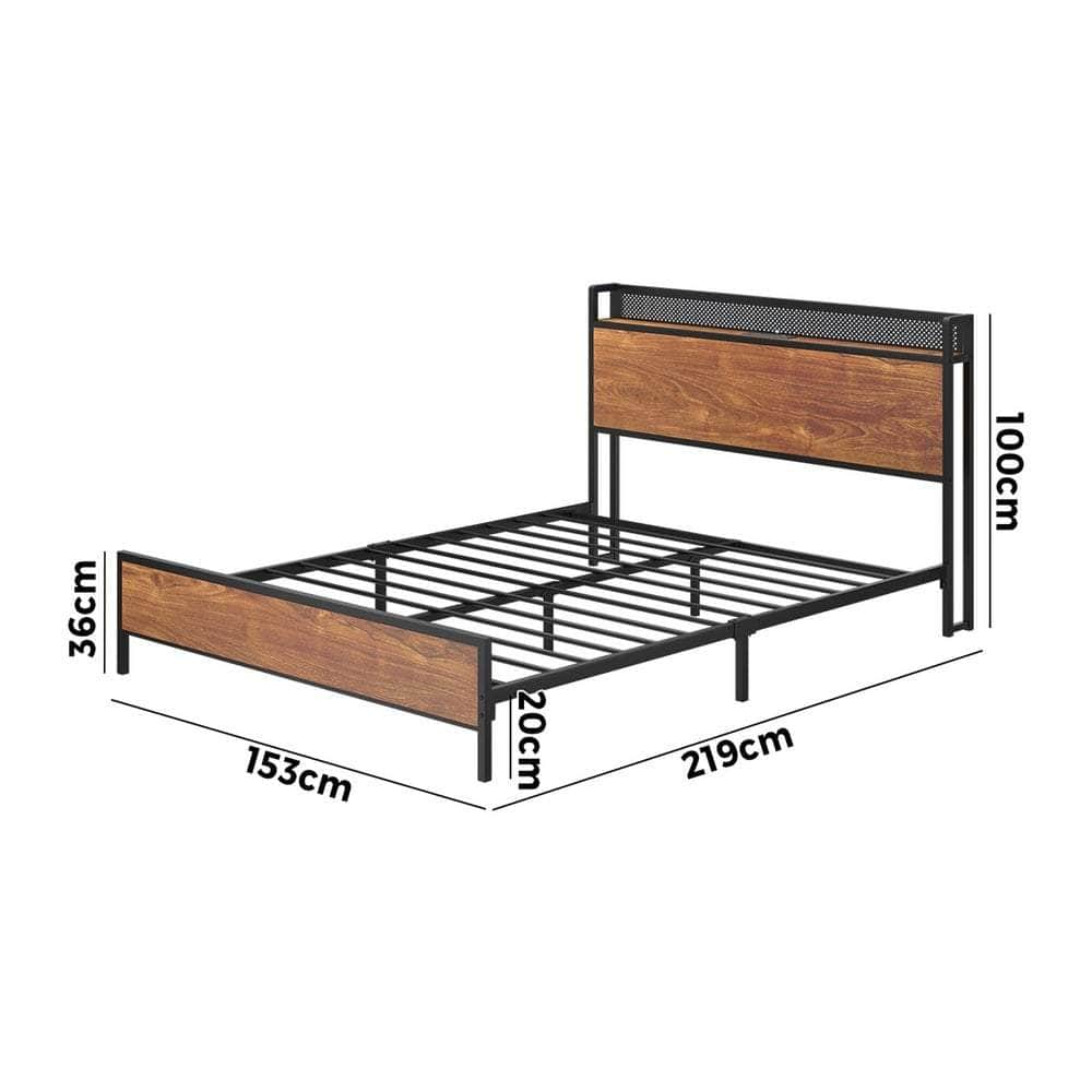 Metal Bed Frame Queen Size LED USB Charge Storage Headboard