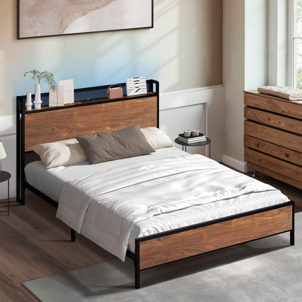 Metal Bed Frame Queen Size LED USB Charge Storage Headboard
