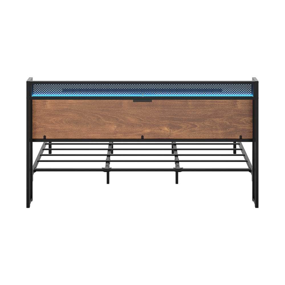 Metal Bed Frame Queen Size LED USB Charge Storage Headboard