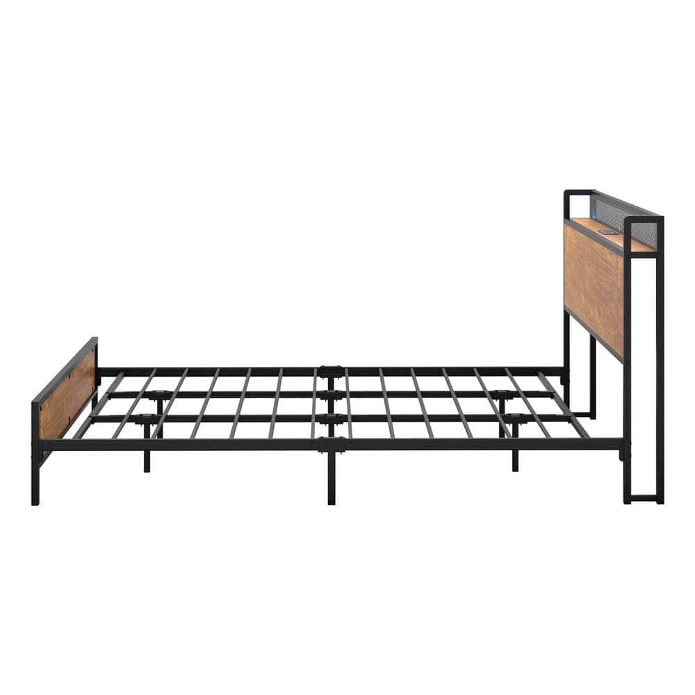 Metal Bed Frame Queen Size LED USB Charge Storage Headboard