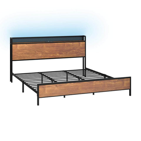 Metal Bed Frame Queen Size LED USB Charge Storage Headboard
