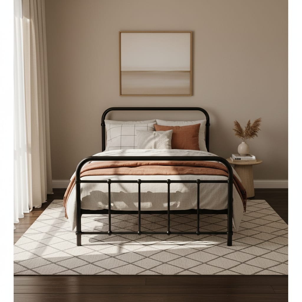 Black colour - Single Bed Frame Metal Black Country-Style with Storage