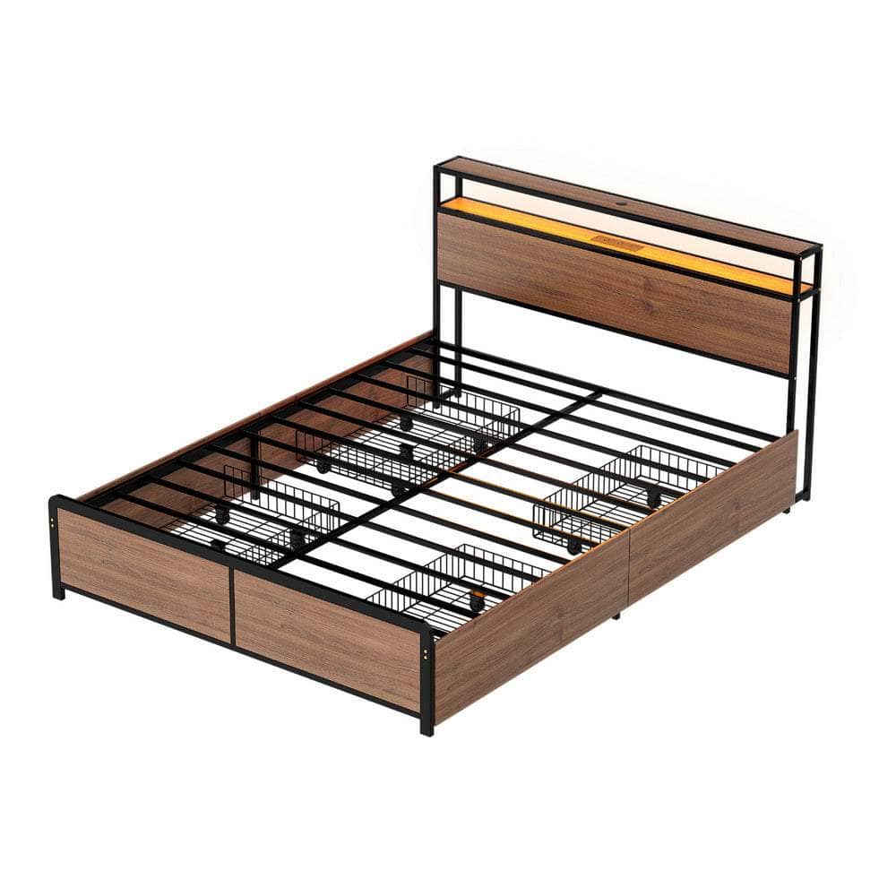 Metal Bed Frame with 2-Tier Storage Headboard