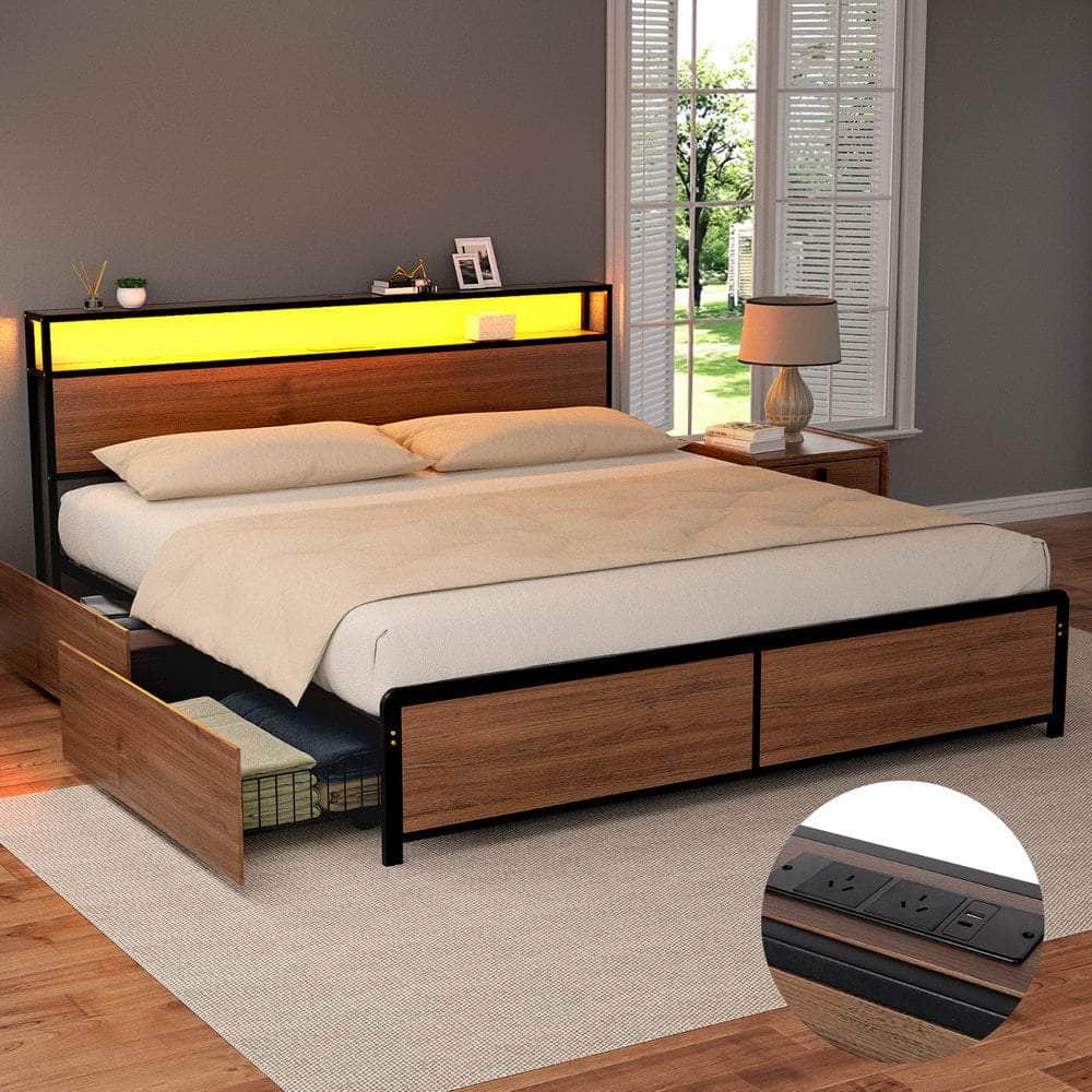 Metal Bed Frame with 2-Tier Storage Headboard