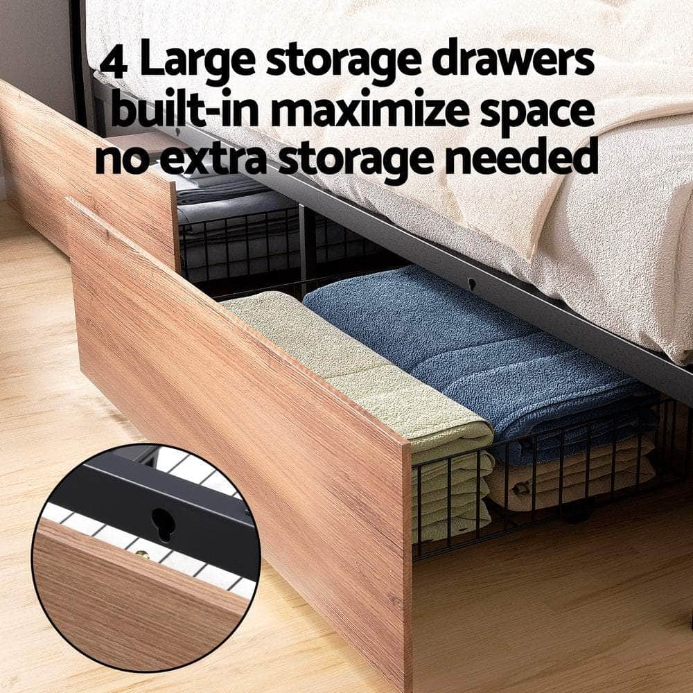 Metal Bed Frame with 2-Tier Storage Headboard