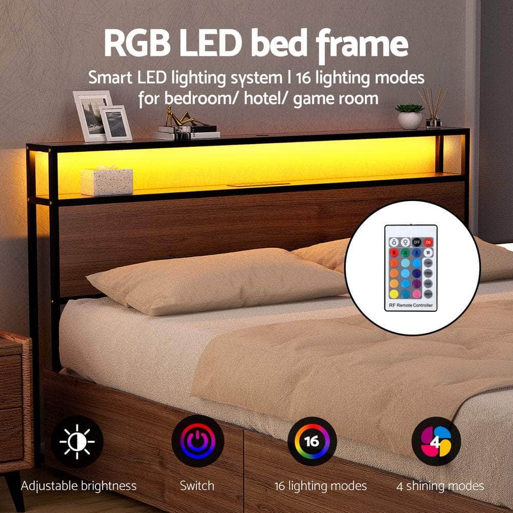 Metal Bed Frame with 2-Tier Storage Headboard