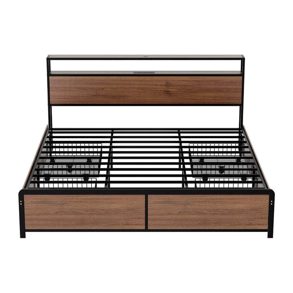 Metal Bed Frame with 2-Tier Storage Headboard