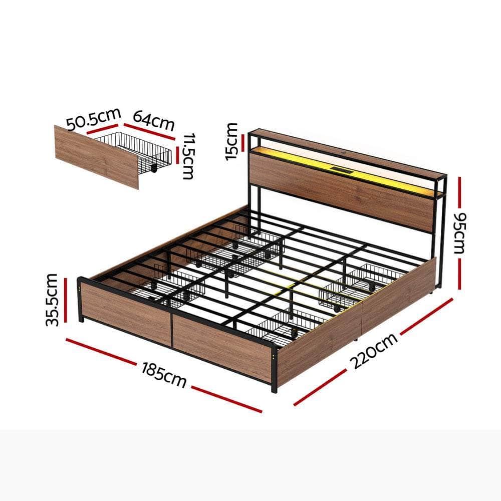 Metal Bed Frame with 2-Tier Storage Headboard